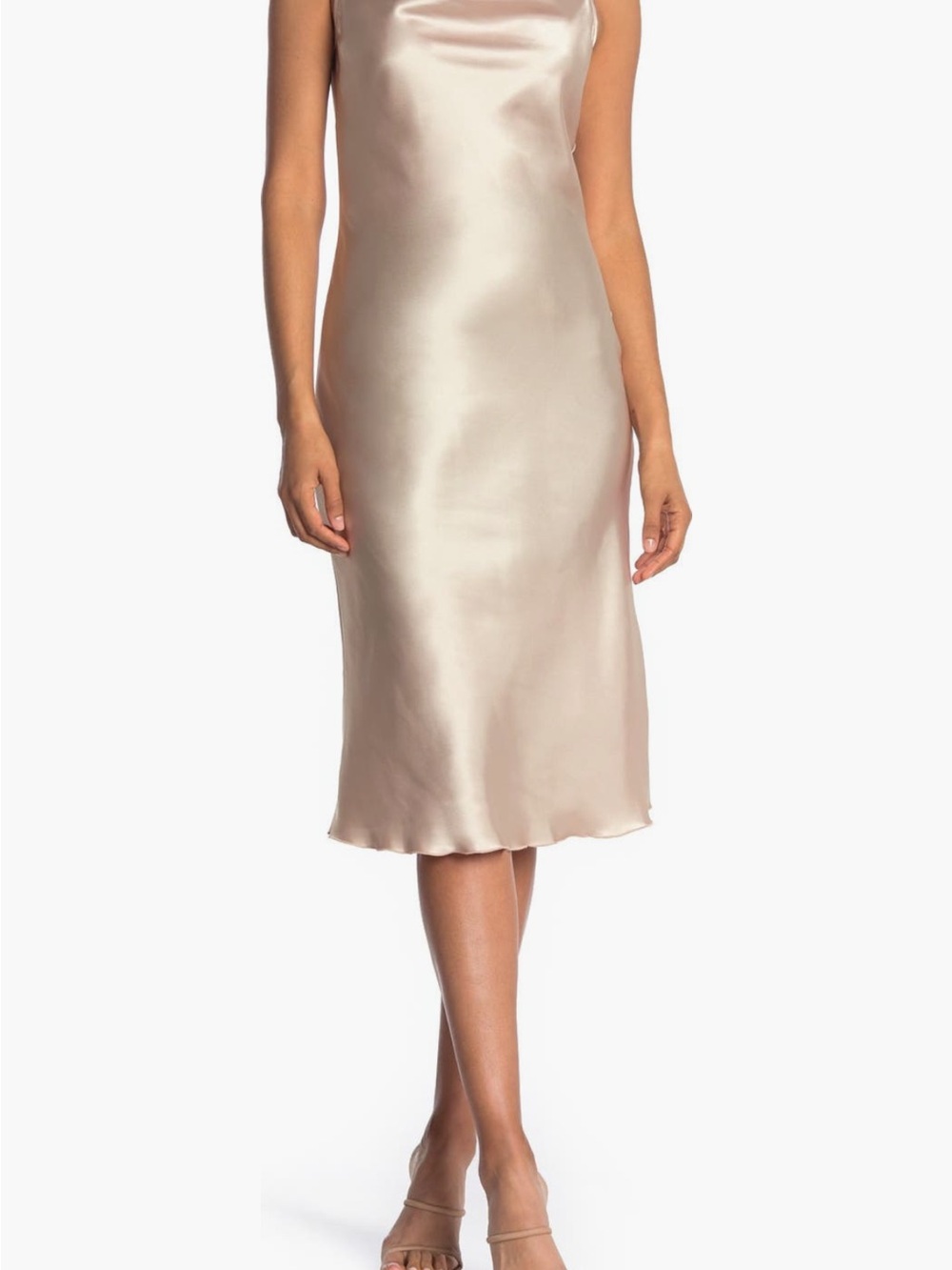 bebe Satin Cowl Neck Midi Dress in Champagne, Size M